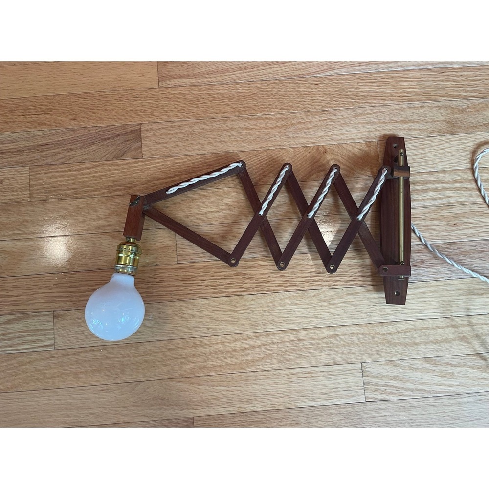 Vintage MCM Wood Scissor  Accordion Retractable Sconce, Brass, Scandinavian‎